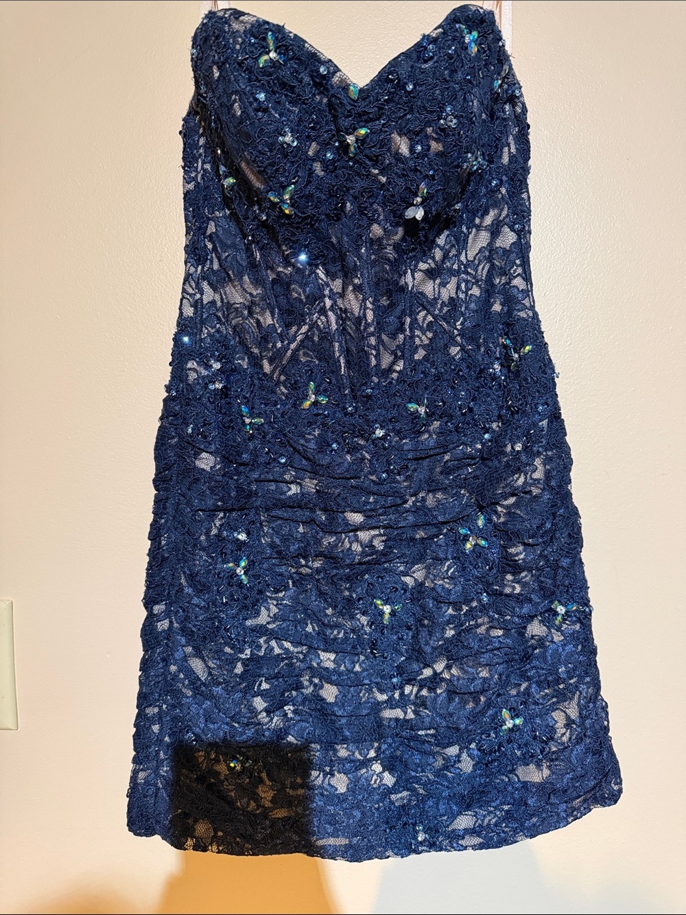 Mori Lee Navy Strapless Lace Evening Dress